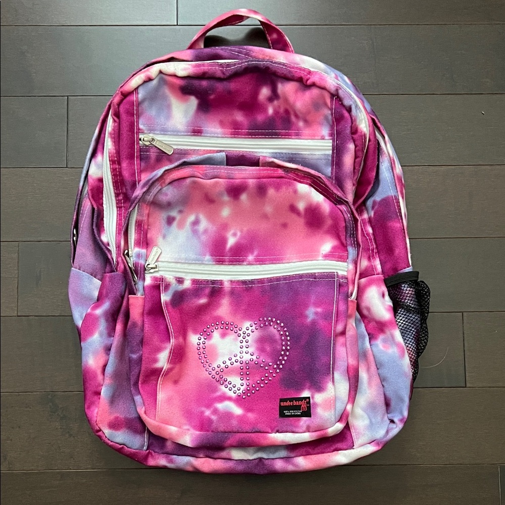 Undee bandz Pink/Purple/Blue/White Tie-Dye Backpack with Heart Peace Appliqué